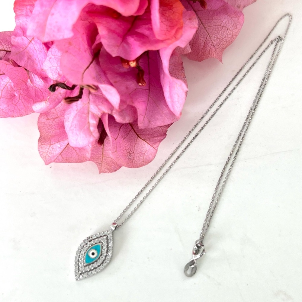 EVIL EYE Dainty 925 Sterling Silver Crystal Rhinestone w Enamel Necklace Sz 17"